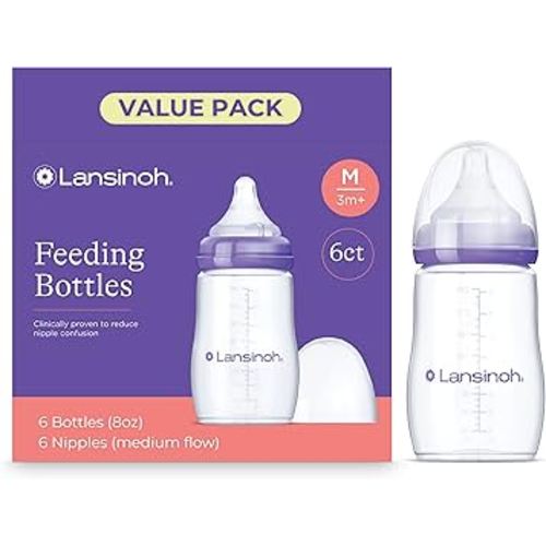 Lansinoh Anti-Colic Baby Bottles for Breastfeeding Babies, 8 Ounces, 6 Count, Includes 6 Medium Flow Nipples, Size M