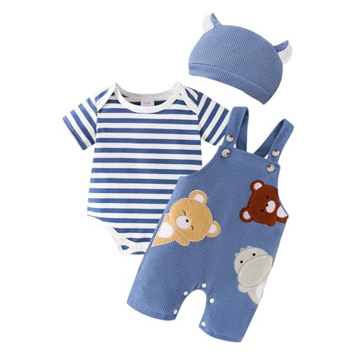 FOCICI Baby Boy Clothes Newborn Striped Romper Infant Bear Suspender Overall Cute Hat 3Pcs Set Summer Outfits 0-18 Months
