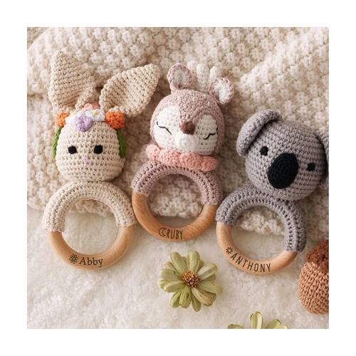 Customized Baby Rattle 0-3 Months with Name, BUGMKCS Handmade Soft Wooden Rattle Balls Toys for Infant with Crochet Stuffed Animal, Personalized Baby Gifts for Boy/Girl, Baby Shower Newborn, Birthday