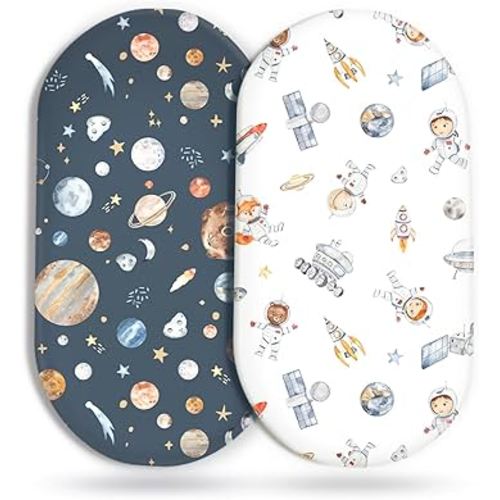 Stretchy Ultra Soft Fitted Bassinet Sheet Set 2 Pack, Universal Fit for Bassinets Baby Cradle Moses Basket Oval Rectangle Mattress Safe and Snug, Space Stylish Print