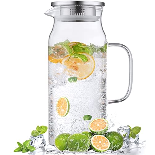 Bivvclaz 2 Liter 68 oz Glass Pitcher with Lid and Handle, Glass Carafe for Hot/Cold Water, Large Iced Tea Pitcher for Coffee, Juice and Homemade Beverage