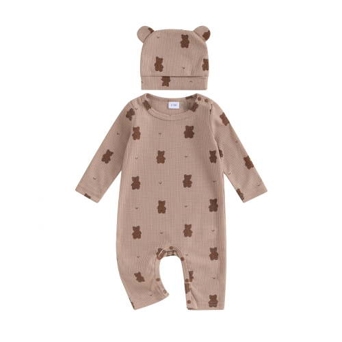 Newborn Baby Boys Girsl Waffle Jumpsuit Bear Print Long Sleeve Button Onesie Romper with Hat Fall Winter Outfits