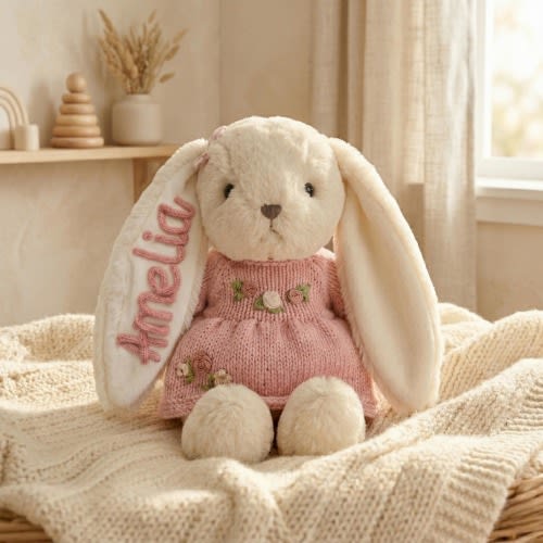 Personalized Embroidered Bunny Plush, Custom Name Rabbit for Toddler, Granddaughter Gifts, Nursery Decor Keepsake