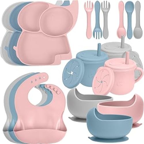 24 Pack Silicone Baby Feeding Set - 6+ Months Food Grade Baby Feeding Essentials | Silicone Bibs, Baby Bowls and Plates, 3 in 1 Baby Sippy Cup, Spoons and Fork Set | Free of BPA/PVC/Lead/Phthalate