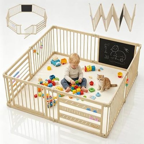 56x56in Foldable Wooden Baby Playpen with Gate, Child Safety Lock, CPC Certified Play Yard with Suction Cups, Chalkboard & Activity Toys, Expandable Toddlers Playpens Great Gifts for Babies