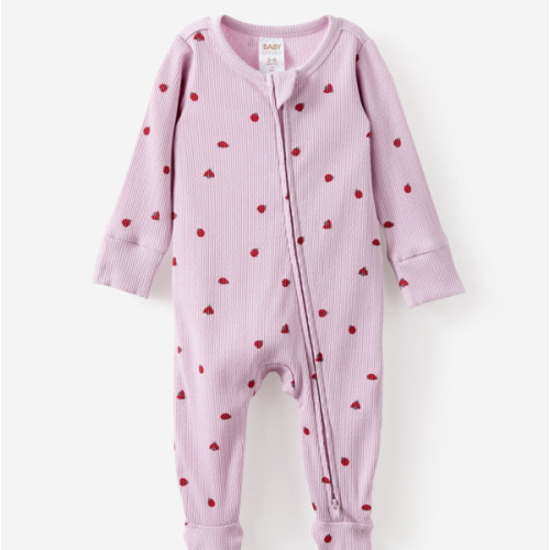Organic Pointelle Zip All in One, color: thistle/ lady bugs, 0-3M