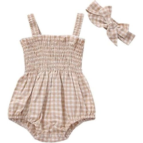 Newborn Baby Girl Summer Clothes Infant Sleeveless Plaid Smocked Romper Cute One Piece Bodysuit Headband