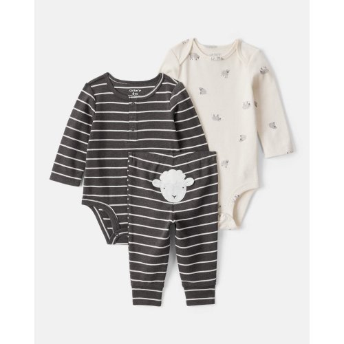 Baby Boy 3-Piece Striped Sheep Print Long-Sleeve Bodysuits & Pant Set - White/Black | Carter's