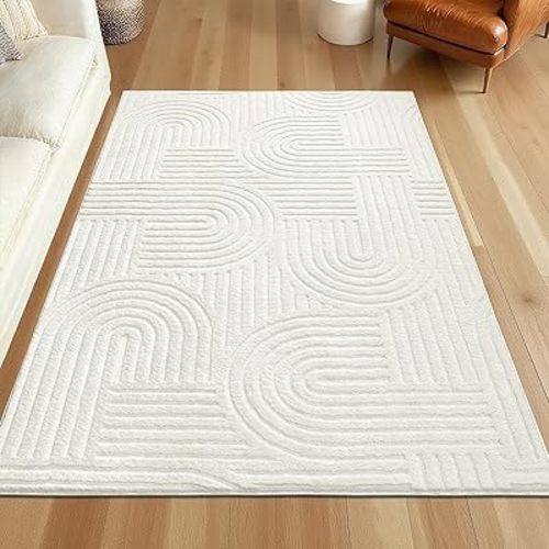 SHACOS Soft Cozy Fluffy Arch Pattern High Low Pile Rugs 5'x7' Non Slip Washable Scandinavian Minimalist Rug Modern Geometric Arc Carpet for Living Room Bedroom Dining Room, Cream White
