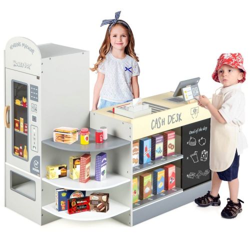Costway Kids Grocery Store Playset Wooden Supermarket Play Toy Set with Cash Register Gray