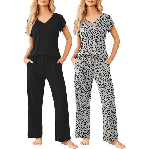 Ekouaer 2 Pack Womens Pajamas Short Sleeve Sleepwear Top with Pants Super-Soft Printed Lounge Sets S-XXL