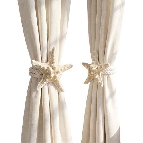 2 Pack Natural Starfish Rope Curtain Tiebacks Holdbacks, Hand Woven Cotton Curtain Ties, Coastal Nautical Decor for Sheer & Outdoor Curtains, Bedroom Bathroom Wedding Drapery Accessories