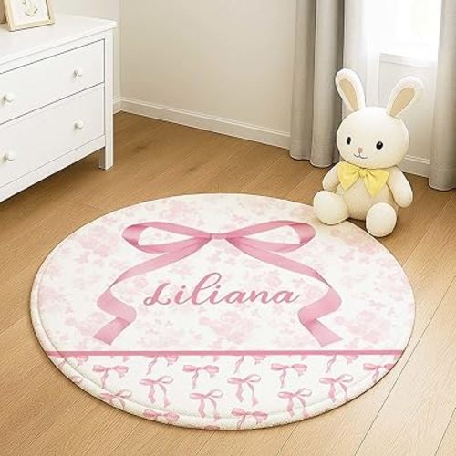 Personalized Baby Rug with Name – Custom Pink Bow Round Nursery Rug, Soft Baby Crawling Play Mat for Girls, Nursery Bedroom Floor Decor Gift