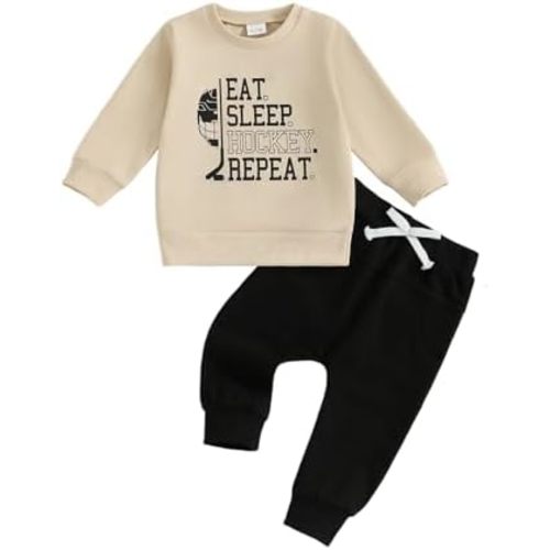 Toddler Baby Boy Hockey Outfit Eat Sleep Hockey Repeat Long Sleeve Sweatshirt Top Pants Set Fall Winter Clothes