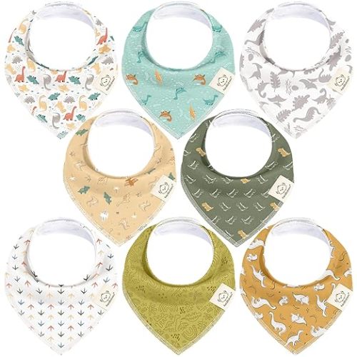 8-Pack Organic Baby Bandana Bibs for Boys, Girls – Super Absorbent Cotton Baby Bibs for Drooling and Teething, Extra Soft & Breathable Cloth, Infant, Toddler, Newborn 0-12 Months (Mesozoic)