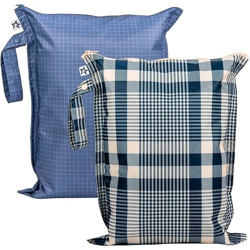 Tiny Twinkle Mess Proof Wet Bags | 2-Pack Reusable Waterproof Wet Bags for Swimsuits | Baby Clothes | Travel & Diaper Bag (Gingham,Grid)