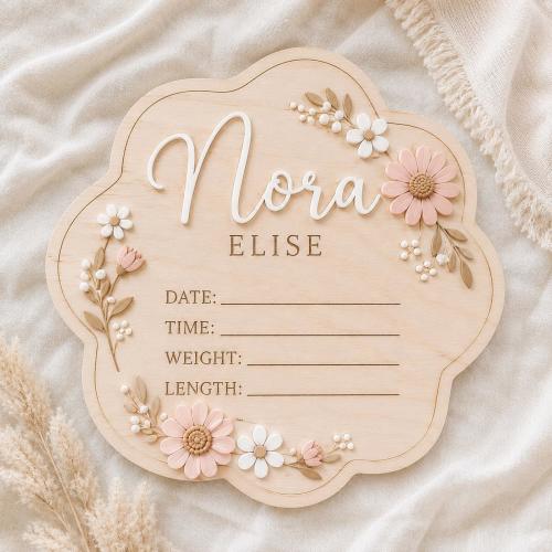 Floral Baby Birth Announcement Sign, Wooden Newborn Stats Name Plate, Custom Girl Nursery Decor, Baby Shower Gift, Daisy Hospital Prop