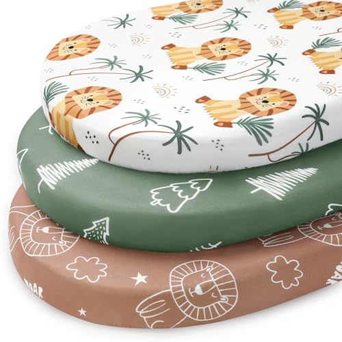 FIEMOL Baby Bassinet Sheets, 3 Pack Fitted Bassinet Mattress Sheets, Compatible with Halo Bassinest Swivel Sleeper & Oval Hourglass Rectangle Mattress, Ultra Soft Brown Lion