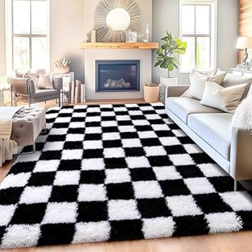 Checkered Rug for Living Room 6x9, Ultra Fluffy Fuzzy Shag Black and White Large Area Rug for Bedroom, Modern Plush Soft Upgrade Non-Slip Carpet for Kids Girls and Boys Room Dorm Home Decor