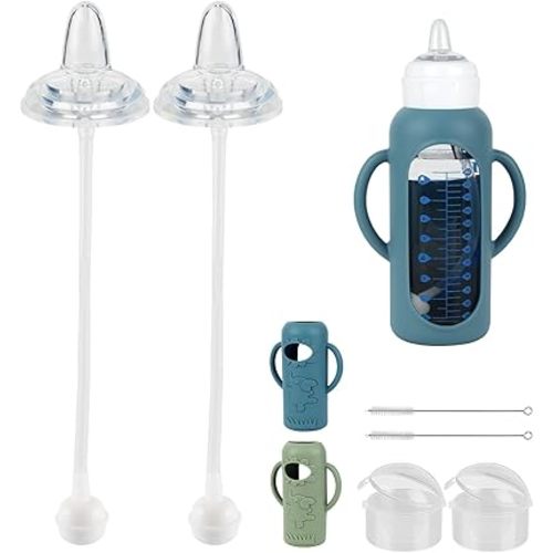Sippy Cup Conversion Kit with Silicone Sleeves for Dr Browns Narrow and Narrow Glass Baby Bottle 8oz, Weighted Straw Replacement Kit with Soft Straw Top and Handle,2-Pack,6m+