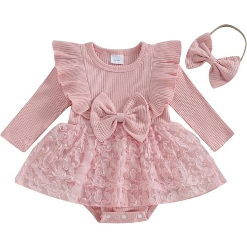 Madjtlqy Newborn Baby Girl Fall Winter Outfit Set Plaid Romper Dress Ruffles Long Sleeve Clothes Jumpsuit with Bow Headband (Brown, 0-3 Months)