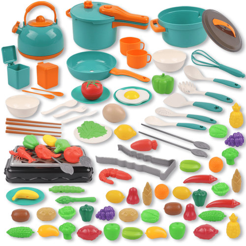 LINXUXIE 94PCS Kitchen Playset Accessories for Kids, Pretend Cooking with Food Fruit Veges & Cookware, Baby Birthday Gift for 1-3 3-5 5-8 Year Old