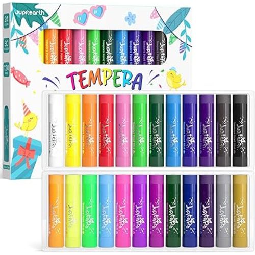 JUPITEARTH Paint Sticks for Kids 24 Colors, Quick Drying, Smooth, Non-Toxic and Washable Tempera Paint Sticks with 120 PDF Coloring Pages and 30 Stickers, Toddler Art Supplies for Drawing