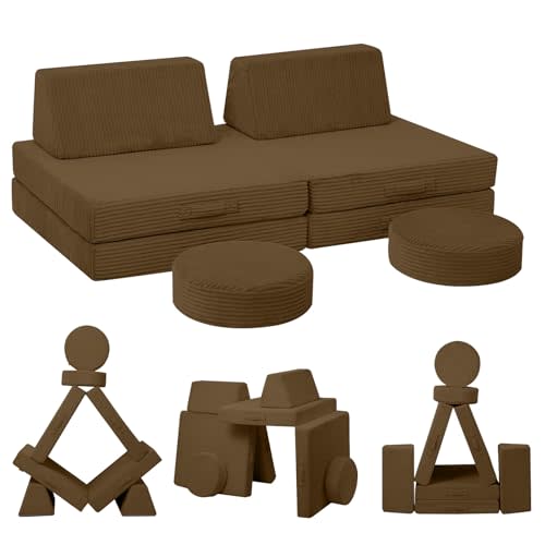 MeMoreCool Kids Couch for Playroom, Corduroy Convertible Toddler Couch, 8 Piece Modular Play Sofa, Foam Fort Building Set for Child Room Furniture, Brown