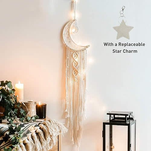 Boho Macrame Woven Wall Hanging, Crochet Crescent Moon Star Dream Catcher with Long Tassel- White Cotton Handmade Bohemian Nursery Decor Decoration Art Craft for Kids Bedroom Dorm Room