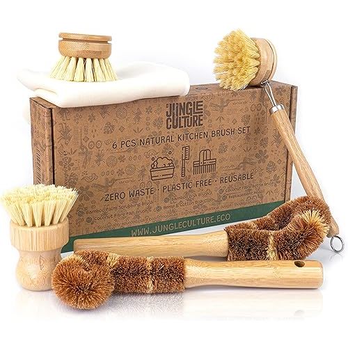 Jungle Culture® 6 Piece Natural Dish Brushes for Washing Up • Eco Dish Brush Kitchen Cleaning Set • Plant Based Coconut Scrubbers • Bottle/Pot Brush & Eco Friendly Scourer Sponge for Pans & Dishes