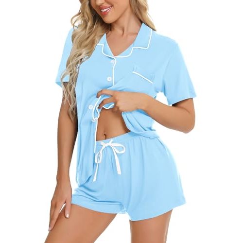 SWOMOG Womens Button Down Pajamas Set Short Sleeve Sleepwear Bride Soft Pj Lounge Sets XS-3XL