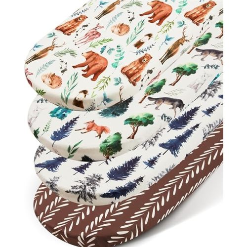REZIPO 4 Pack Bassinet Sheets Woodland Forest Animals Wood Tree Neutral Unisex Fitted Baby Bassinet Sheets Set for Baby Boys or Girls