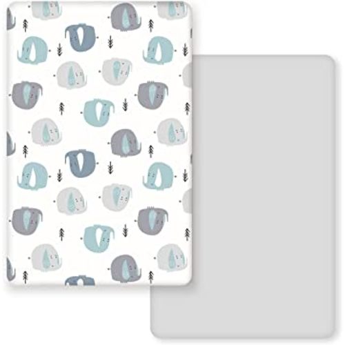 GRSSDER Stretchy Ultra Soft Jersey Knit Fitted Pack n Play Sheets Set 2 Pack, Portable/Mini Cribs Playards Sheets with Deep Pocket, Cute Elephant for Girls and Boys