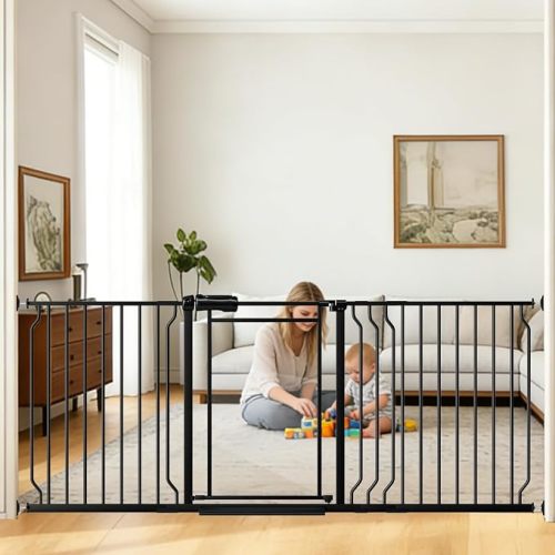 Fairy Baby 66.9”-74.8” Extra Wide Clear Baby Gates for Doorways, Triple Lock Safety Acrylic Clear Pet Gates Indoor, Long Large Acrylic Dog Gates Pressured Mounted Adjustable, Metal Durable, Black
