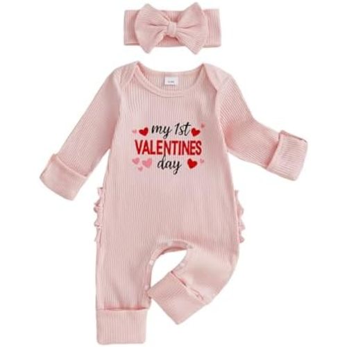 Sasaerucure My First Valentines Day Baby Girl Outfit Newborn Infant Heart Bodysuit Pink Onesie Knit Long Sleeve Romper + Bow