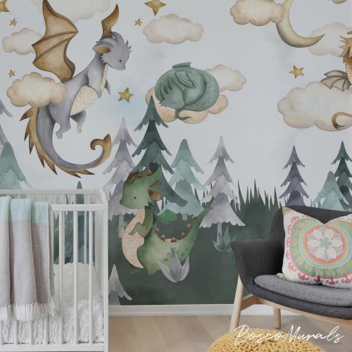 Cute dragons fantasy peel and stick wallpaper, animals art for baby room 95