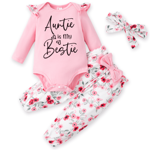 PatPat Baby Clothes for Girls Long Sleeve Ruffle Romper Floral Pants with Cute Headband Pink 3-6 Months