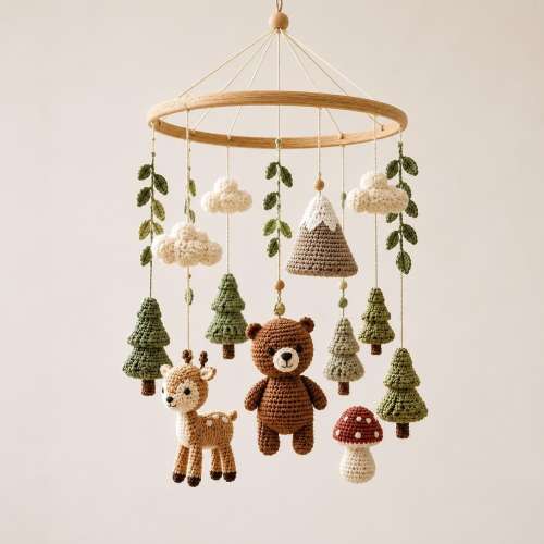 Crochet Woodland Baby Mobile, Bear and Deer Crib Mobile, Forest Nursery Decor, Handmade Baby Shower Gift