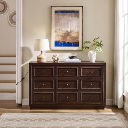 9 Drawer Dresser for Bedroom, 52" Tall Mid-Century Modern Wood Chest of Drawers with Metal Handles, Storage Organizer Cabinet for Living Room, Brown