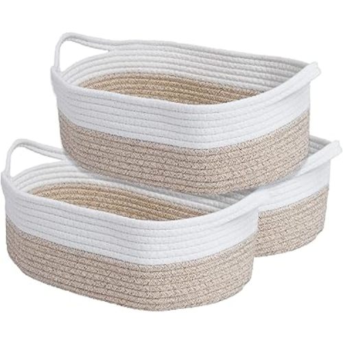 Small Cotton Rope Basket for Organizing,3 Pack Woven Baskets for Storage,Closet Organizer and Storage Basket with Handle,Decorative Gift Basket Empty,Nursery Toy Basket,Brown-White