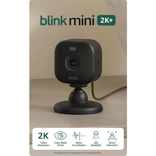 Blink Mini 2K+ (newest model) – Plug-in Home & Pet Security Camera with 2K video resolution, color night vision, enhanced audio, motion detection – 2 cameras (Black)