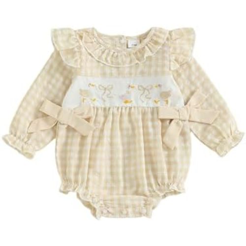 Infant Baby Girl Outfit Goose Embroidery Plaid Long Sleeve Smocked Bubble Romper Bodysuit Newborn Farm Clothes Fall