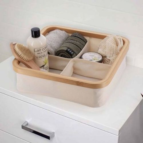 Evideco French Home Goods Square Foldable Storage Basket with Bamboo Frame and Oxford Fabric, 4-Compartment Organizer