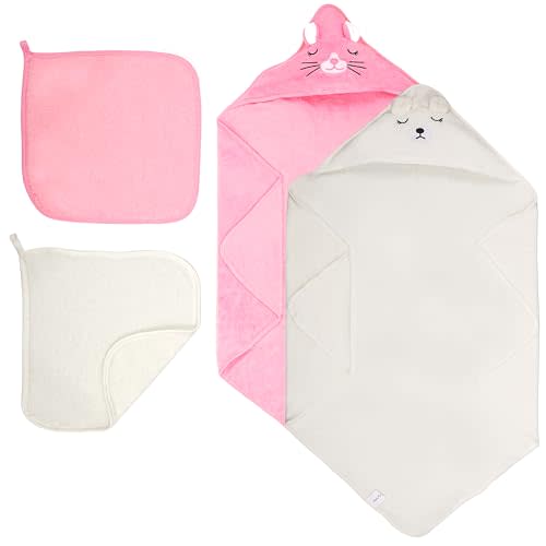 HBHLFZ 4-Pack Hooded Baby Towels - Newborn-Specific Bath Towel- Soft and Absorbent Coral Terry Baby Bath Towel - Suitable for Newborns and Infants, Essential for Newborn Bathing（Kitten, Bear）