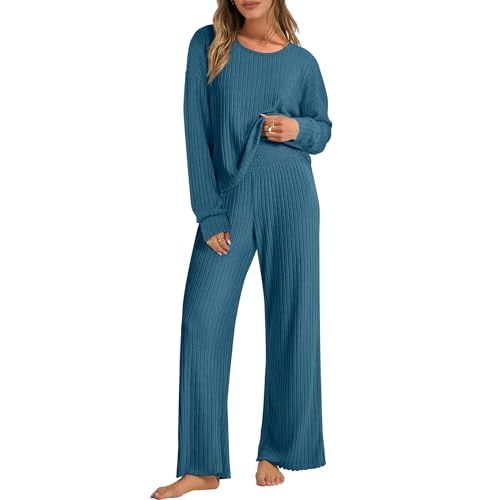 ANRABESS Women 2 Piece Lounge Pajamas Sets Casual Ribbed Knit Long Sleeve Top Pants Matching Set 2026 Fall Outfits Clothes