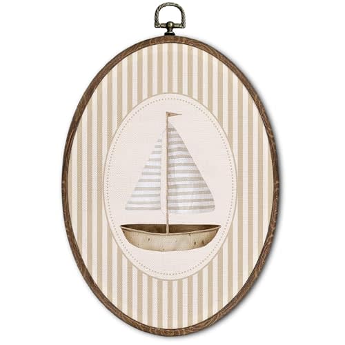 FLAWAFLOMA Vintage Sailboat Nursery Oval Wall Art Decor, Kids Room Canvas Wall Art Framed, Retro Sailboat Hanging Decorations for Nursery Kids Toddler Boy Room Bedroom Decor, 8.6x11.4 Inch