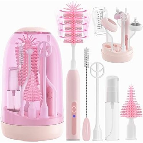 Electric Bottle Brush Cleaner,Electric Baby Bottle Brush Cleaner with Silicone Nipple&Straw Brush,Soap Dispenser,Drying Rack-Waterproof,Long Battery Life,Travel Bottle Cleaner Kit for Babies