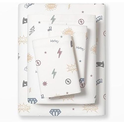 MakeMake Organics Organic Sheet Set Queen (4 Piece) GOTS Certified Organic Cotton Sheets 300 TC Sateen Soft Fitted Sheet Flat Sheet Pillow Cases Toddler Kids (Queen, Mighty Heros)