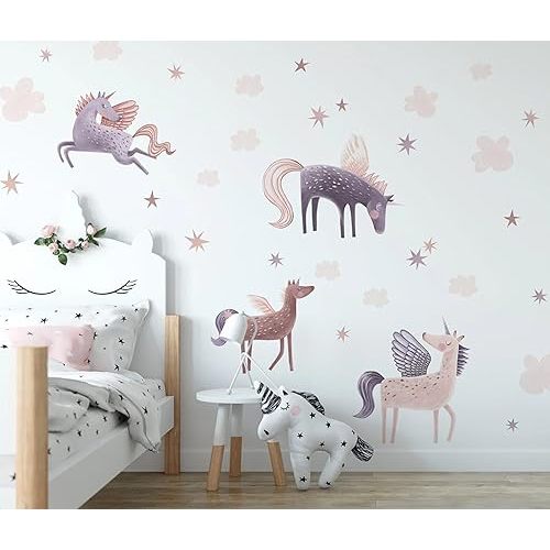 Unicorn Wall Decals - Pink With Stars and Colorful Clouds Sticker for Girls Bedroom, Baby Room Nursery Decoration, Girl's Room Decor Gift (Set 1)