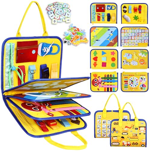 Esjay Toddler Busy Board Montessori Toys for Boys Girls, Sensory Book Educational Activities for Learning Fine Motor Skills, Birthday Gifts for Toddlers, Travel Toys for Airplane Car, Yellow Truck